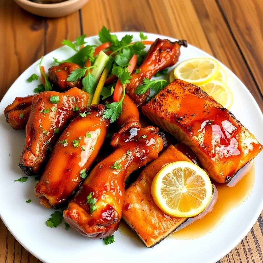 Honey Glazed Chicken Wings and Salmon Honey Glazed Chicken Wings and Salmon